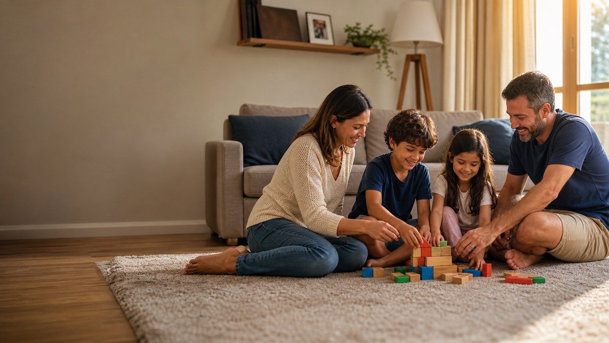 Família com pai, mãe, filho e filha brincando juntos na sala