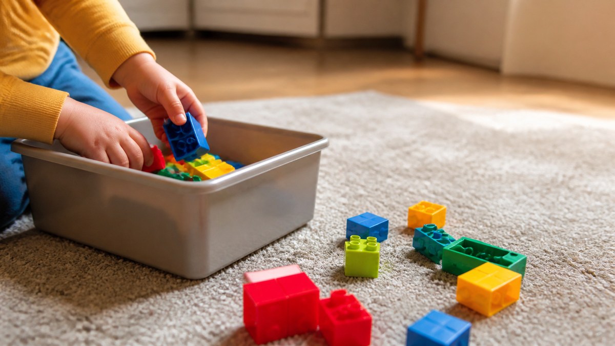 Mãos pequenas colocando blocos coloridos dentro de uma caixa de brinquedos no chão da sala