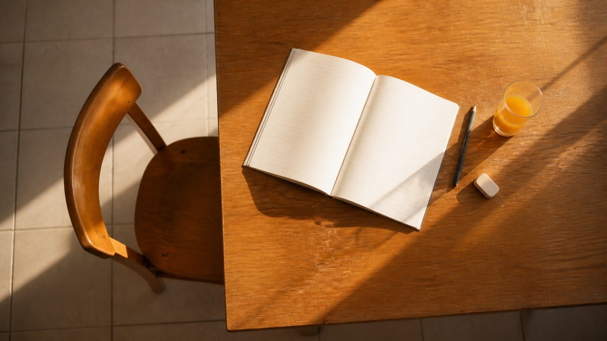 Caderno aberto, lápis e borracha sobre a mesa da sala, com luz de fim de tarde