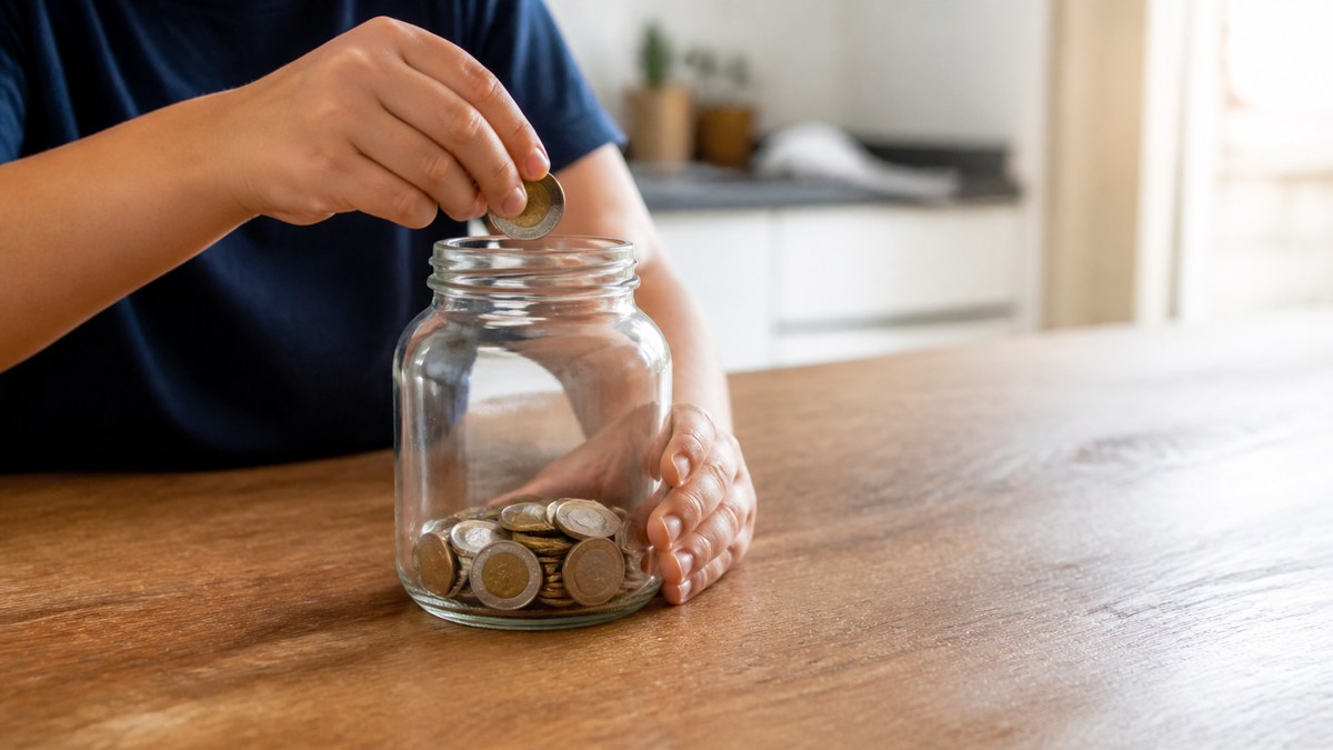 Mãos de uma criança colocando moedas dentro de um cofre de vidro sobre a mesa da cozinha