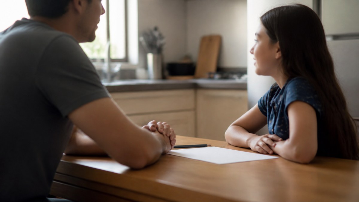 Pai e filha conversando sentados à mesa da cozinha, com um papel e um lápis entre os dois