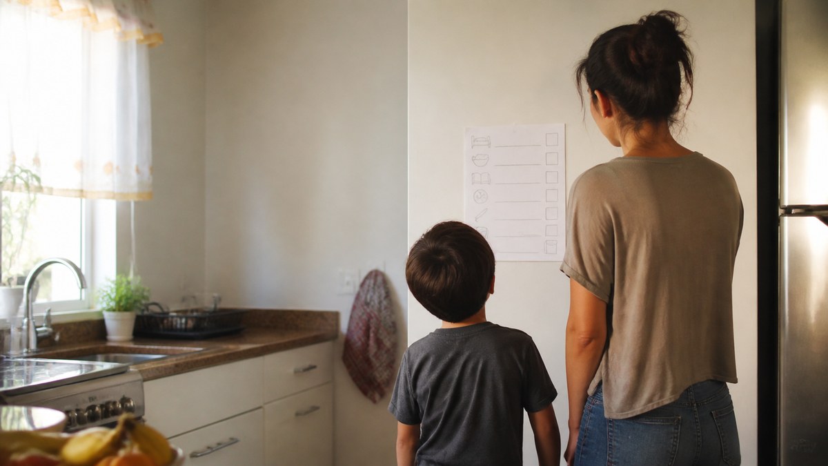 Mãe e filho de sete anos olhando juntos para uma lista de tarefas na parede da cozinha