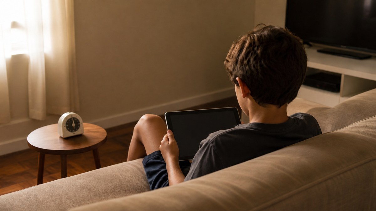 Criança vista de costas sentada no sofá com um tablet, sala de casa com luz de fim de tarde